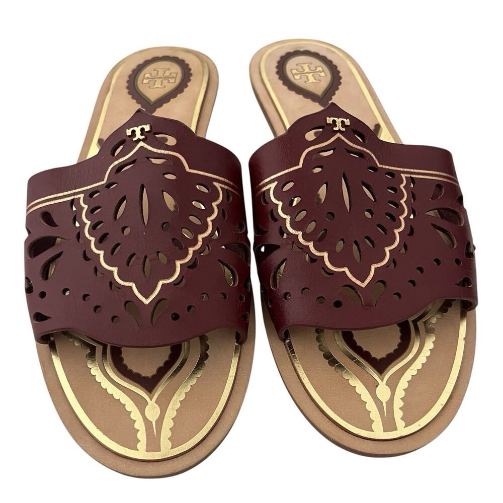 Tory Burch Annika Flat Sandals Tuscan Wine Size 7 Laser Cut Leather Slide Summer - Picture 5 of 9